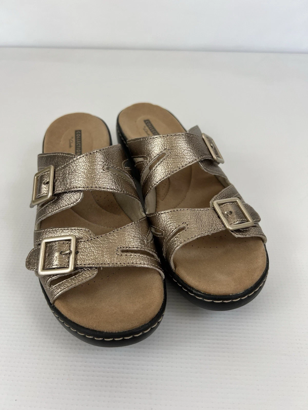 Sandali donna Clarks Delana Liri oro metallizzato comodi taglia 7 slip on zeppa