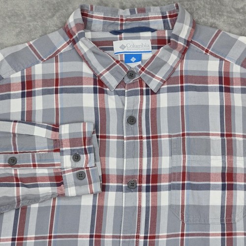 Columbia Shirt Mens Extra Large Gray Red Plaid Long Sleeve Button Down Pocket - Picture 1 of 16