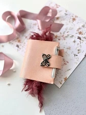 Peach leather notebook cover A7 6 rings mini wallet, Mini Planner Binder.