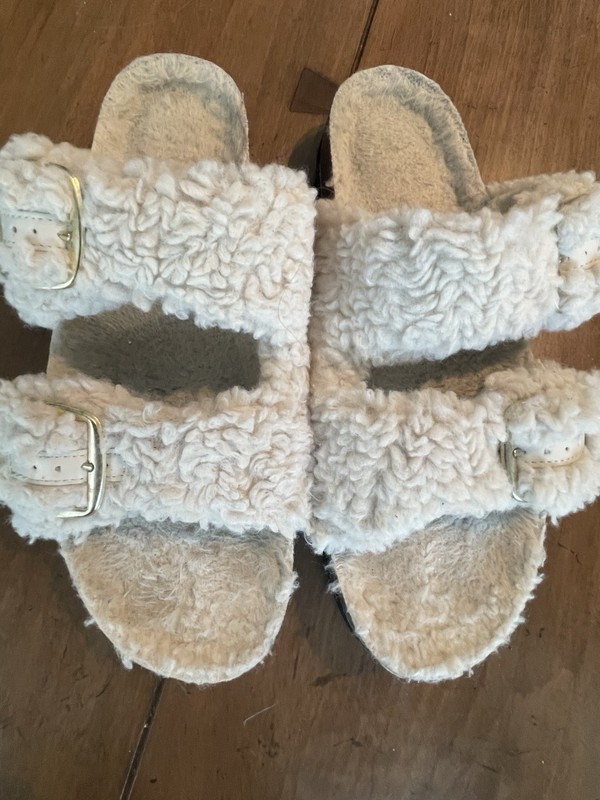 Faux Birkenstock Women's Beige Wool Sherpa Double Buckle Slide Sandals US 10