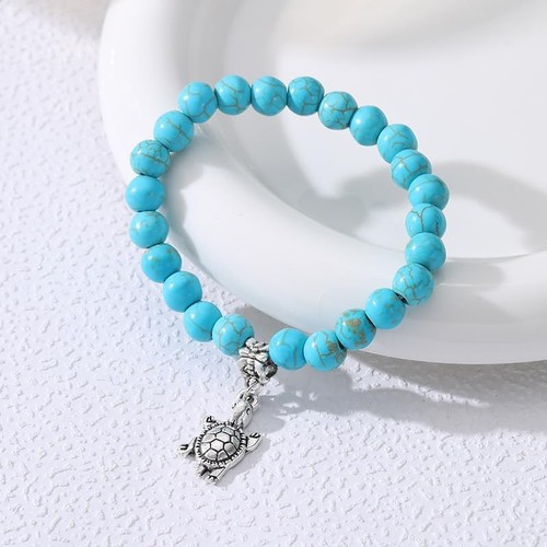 Türkis Armband für Damen Boho Türkis Perlenarmband Naturstein Schildkröte - Bild 4 von 6