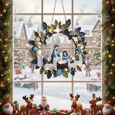Holy Family Christmas Wreath with Light LED Wooden Holy Family Nativity Scene...