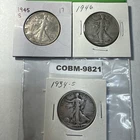 3 Walking Liberty 90% Silver Half Dollars 1934 S, 1945 S, 1946 P COBM-9821