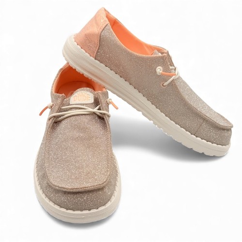 Zapatos Mocasines Hey Dude Wendy Metálicos Brillantes Oro Rosa Brillo Mujer 9 - Imagen 6 de 10