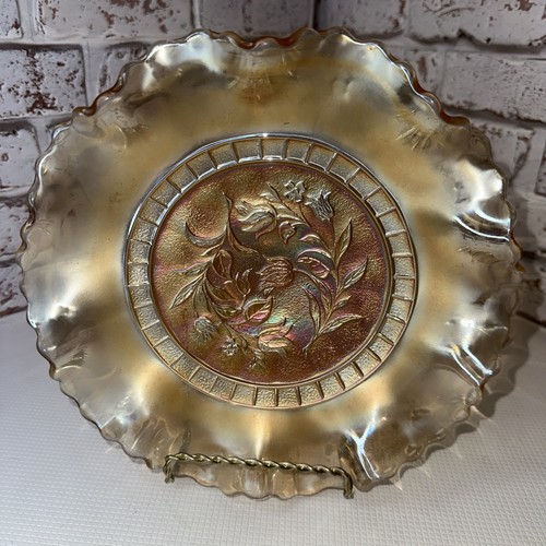 NICE VINTAGE DUGAN MARIGOLD Carnival Glass WILDFLOWER 8” Ruffled Bowl - Picture 2 of 9