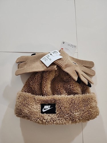 Nike Youth 2-Piece Set Beanie & Gloves Tan Fleece Unisex Cozy Warm Winter Hat - Picture 1 of 5