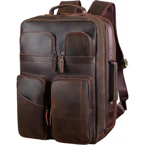 17.3" Full Grain Leather Laptop Backpack for Men Multi Pockets Casual Daypack...