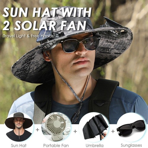 Wide Brim Sun Hat With Solar & USB Powered Fan UV Protection For Camping Fishing - Picture 3 of 25