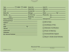 Printed Vehicle Deal Envelopes 9X12 Deal Jackets (100 Shrink Wrapped) (Green)