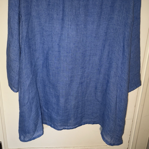 FLAX Linen Tunic Top Blue V Neck 3/4 Sleeve Button Up Size L - Picture 8 of 13