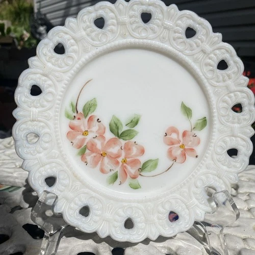 Reticulated Milk Glass Plate With Hand Painted Dogwood Westmorland? Plate #2