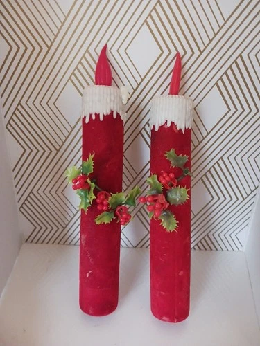 Vintage Flocked Blow Mold Candles With Plastic Berries