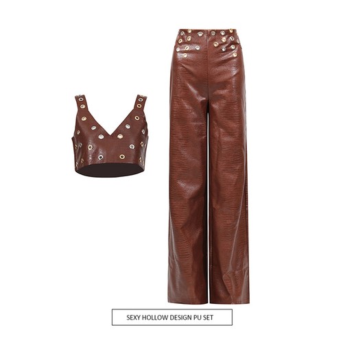 Sexy Conjunto Hueco 2025 Nuevo Metal Cuero PU Top Corto + Pantalones Cintura Alta de Moda - Imagen 1 de 25