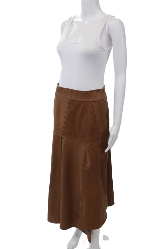 Akris 女式侧拉链长款皮革 A 字裙棕色 8 码 — 第 2/4 张图片