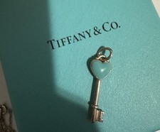 Tiffany  Co. Blue Enamel Heart Key Pendant Charm Sterling Silver 925 - W/ Pouch