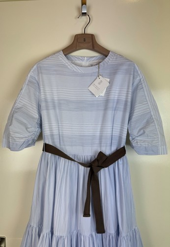 BRUNELLO CUCINELLI NWT Long Dress Gown Cotton Blue Striped Belted A-Line Flare S - Picture 7 of 19