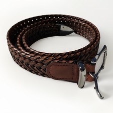 Brown Leather Woven Braided Belt Mens Size 38 Silver Tip