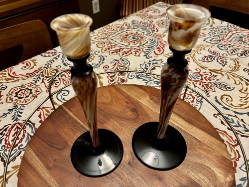 Art Glass Turtle Shell Pattern & Black Swirled Candlesticks (2) 10” - Picture 3 of 8