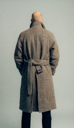 Abrigos de espiga para hombre con cinturón chaqueta de tweed abrigos largos solapa de pico ropa exterior - Imagen 3 de 11