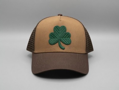 Brown Trucker Hat With  Embroidered Shamrock, Adjustable