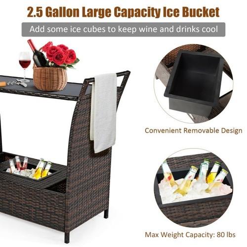 Patio Rattan Rolling Bar Serving Cart Storage Wicker Table W/Glass Top & Handle - Picture 11 of 15