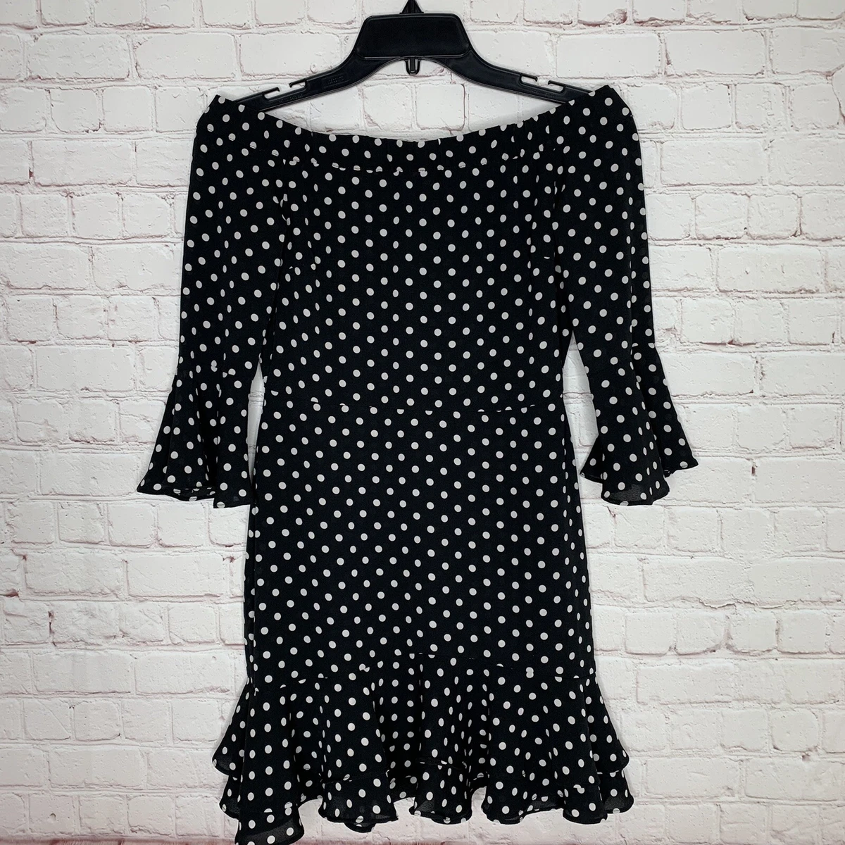TopShop Womens Black Polka Dot Off the Shoulder Mini Dress Flare Sleeve Size 2