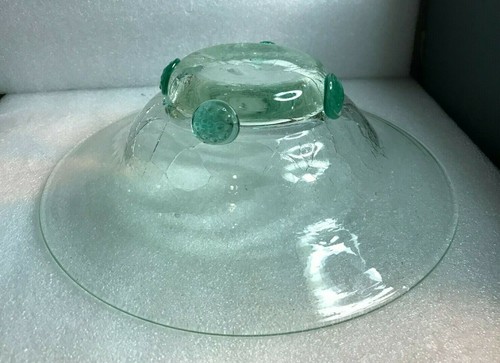 MCM BLENKO CRACKLE GLASS LARGE bowl GREEN FOOT & APPLIED ROSETTES - Picture 6 of 6