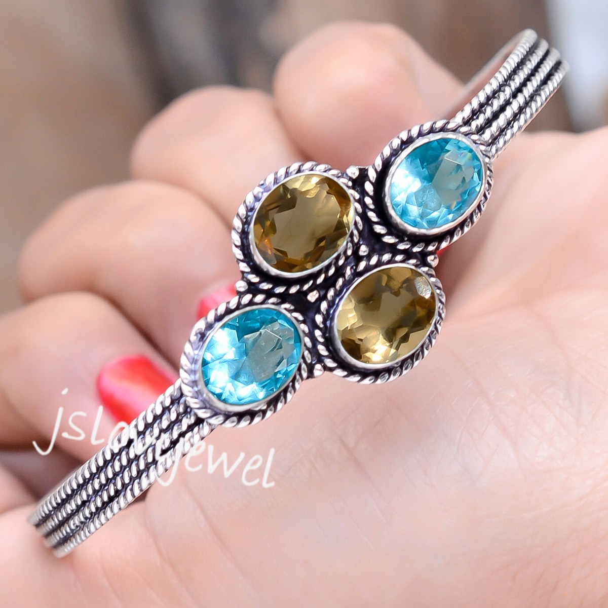 Citrine Topaz Blue Topaz Gemstone 925 Sterling Silver Handcrafted Bangle Cuff eBay