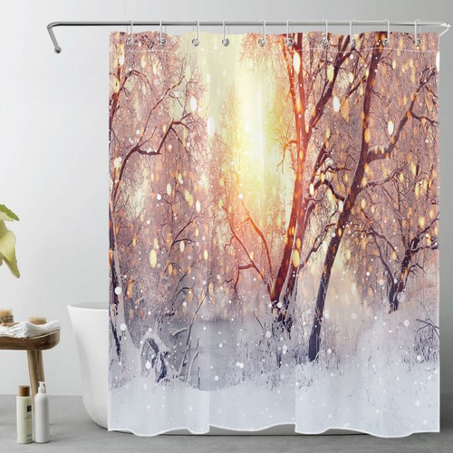 Natur Winter Schneewald Sonnenuntergang Landschaft Duschvorhang Set für Baddekor - Bild 15 von 17