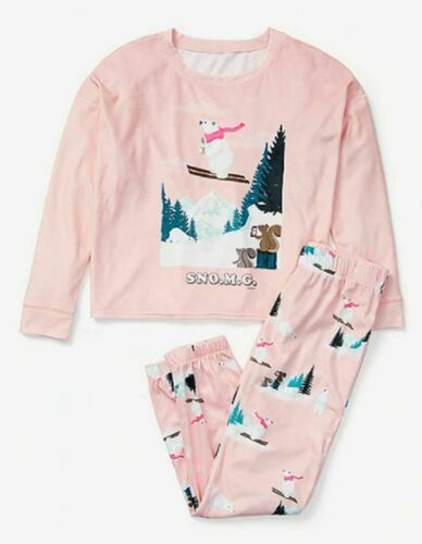 Justice Girls Size 6 Bear on Skis Skiing Pink 2-Piece Pajamas Sleepwear Set NEW - Picture 1 of 1