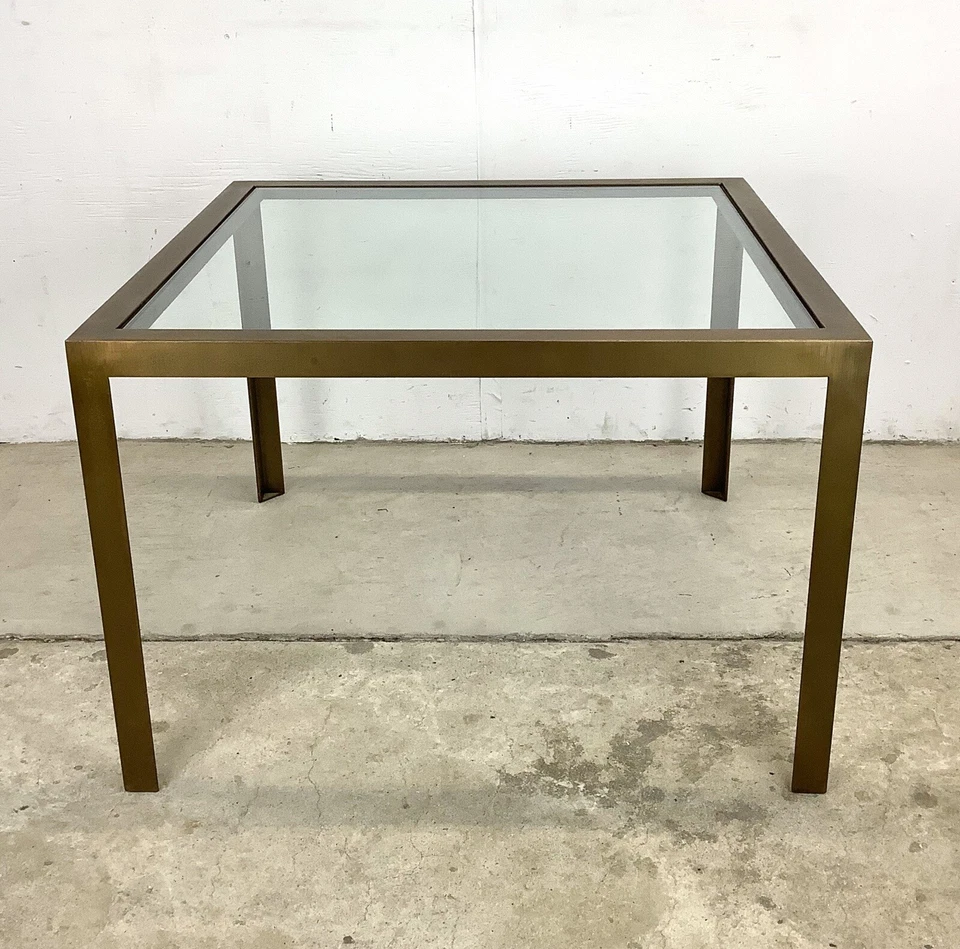 Mesa de centro o cóctel cuadrada vintage moderna de acero bronceado y vidrio Foto 3 de 4