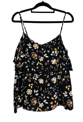 COUNTRY ROAD Black Floral Singlet Top Size 10 Adjustable Shoestring Straps