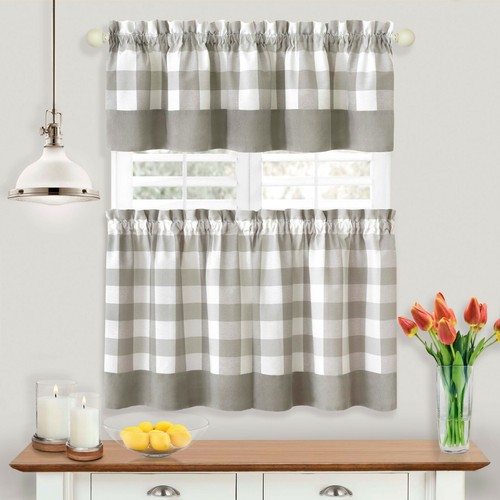 Granja moderna 3 PC a cuadros Cortina de cocina Tier & Valance Set - Colores surtidos - Imagen 15 de 26