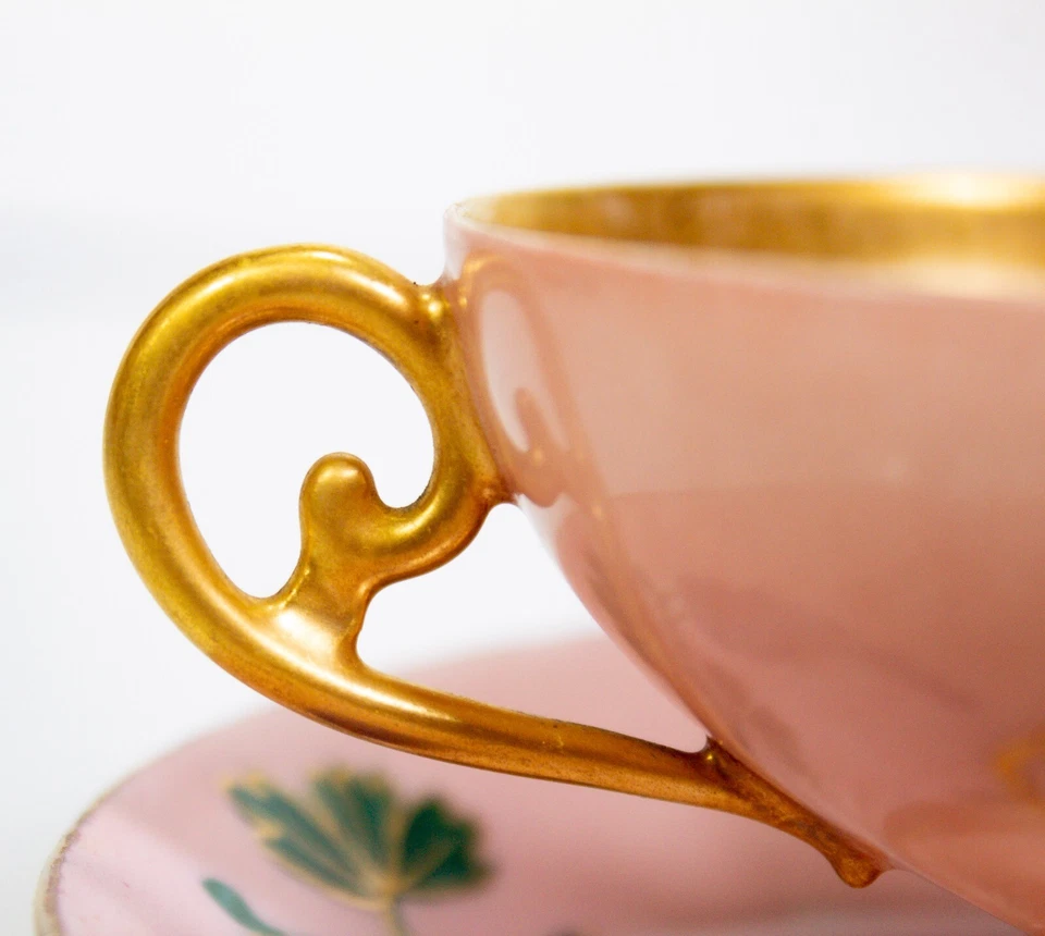 Antigua taza y platillo de porcelana dorada rosa y rosa del siglo XIX austriaca VIENA REAL Foto 4 de 4