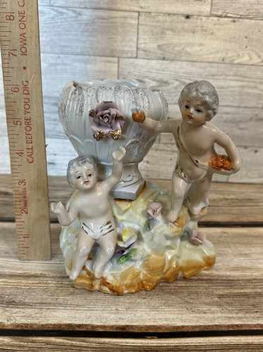 Porcelain Planter Cherub Angels White Pink Roses Vintage Garden 6” Tall - Picture 1 of 7