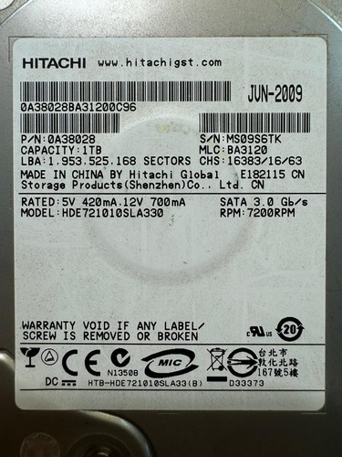 HITACHI 0A38028 HDE721010SLA330 1TB 7.2K RPM 32 MB Cache 3 Gb/s SATA 3.5" HDD - Picture 2 of 10