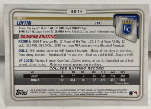 Nick Loftin 2020 Bowman Draft 1st Ausgabe Himmelblau Folie #BD-14 Sp - Kc Royals - Bild 2 von 2