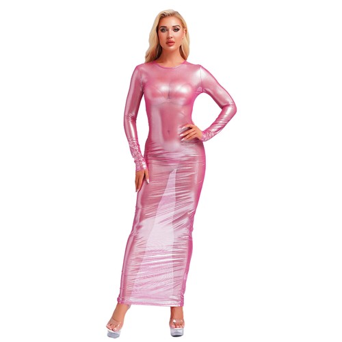 Sexy Maxi Vestido Para Mujer Transparente Manga Larga Metálico Brillante Transparente Bodycon - Imagen 18 de 47