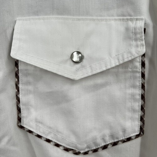 VTG Mens White Brown Gingham Pearl Snap Shirt Western Rockabilly Rodeo Ranch - Picture 5 of 12