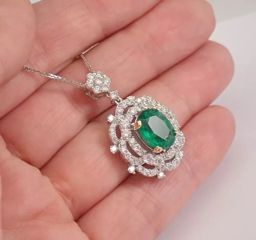2.60 Ct Oval Cut Lab Created Emerald Halo Wedding Pendant 14K White Gold Plated - Picture 6 of 7