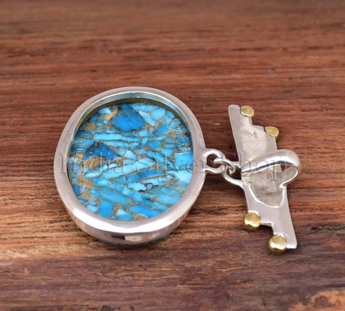 Blue Copper Turquoise Statement Pendant Handmade Silver Jewelry For Gift - Picture 4 of 5