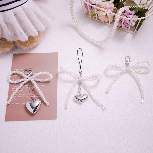 Bowknot Pearl Keychain Silver Love PhoneChain Headphone Case Pendant CCD Lan GF - Zdjęcie 9 z 15