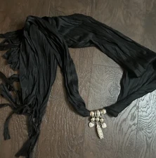 Black Fringed Scarf with Silvertone Detailing Necklace