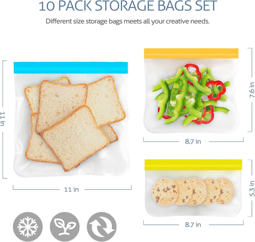 Reusable Storage Bags, 10 Pack Dishwasher Safe Silicone Food Storage Bags with 3 - Picture 4 of 12