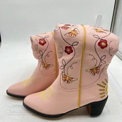 Cowgirl Mid Calf Western Boots Embroidered Stitched Pointed Toe Chunky Heel Pink - Picture 3 of 7
