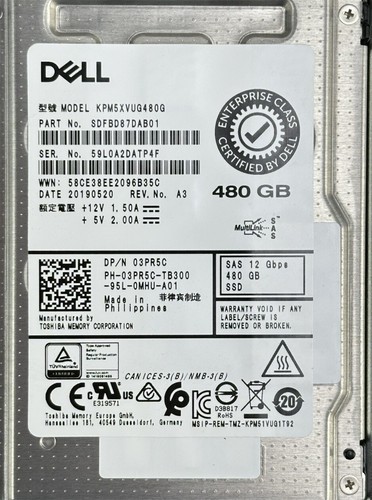Dell 03PR5C Toshiba 480GB 2.5" SFF SAS 12Gbps SSD MU 14th-16th Gen Tray 98-100% - Picture 2 of 5