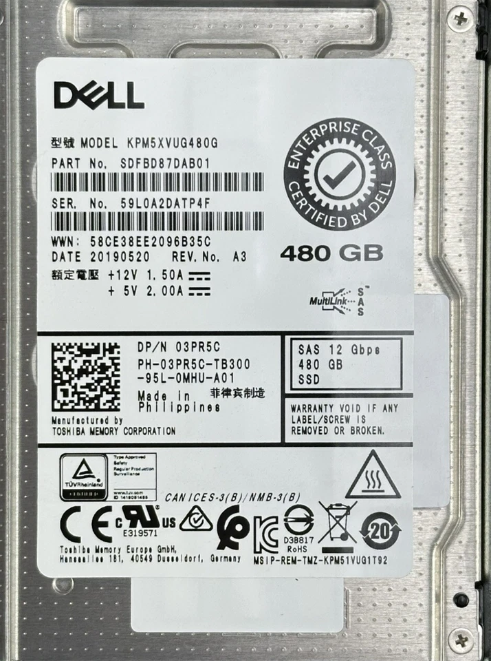 Dell 03PR5C Toshiba 480GB 2.5" SFF SAS 12Gbps SSD MU 14th-16th Gen Tray 98-100% - Image 2 of 4