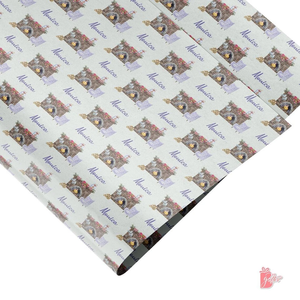 Rollo de papel de regalo personalizado con nombre púrpura Navidad chimenea envoltura de regalo Foto 3 de 3