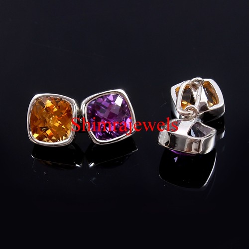 Natural Amethyst & Citrine With 18K White Gold Plated Silver Cufflinks #447 - Picture 11 of 11