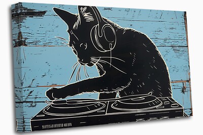 DJ Cat Turntables Playing Canvas Print Wall Art